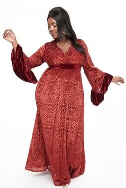 Unique Vintage 1970’s Burgundy Velvet Burnout  Bell Sleeve Maxi Dress 3X NWT